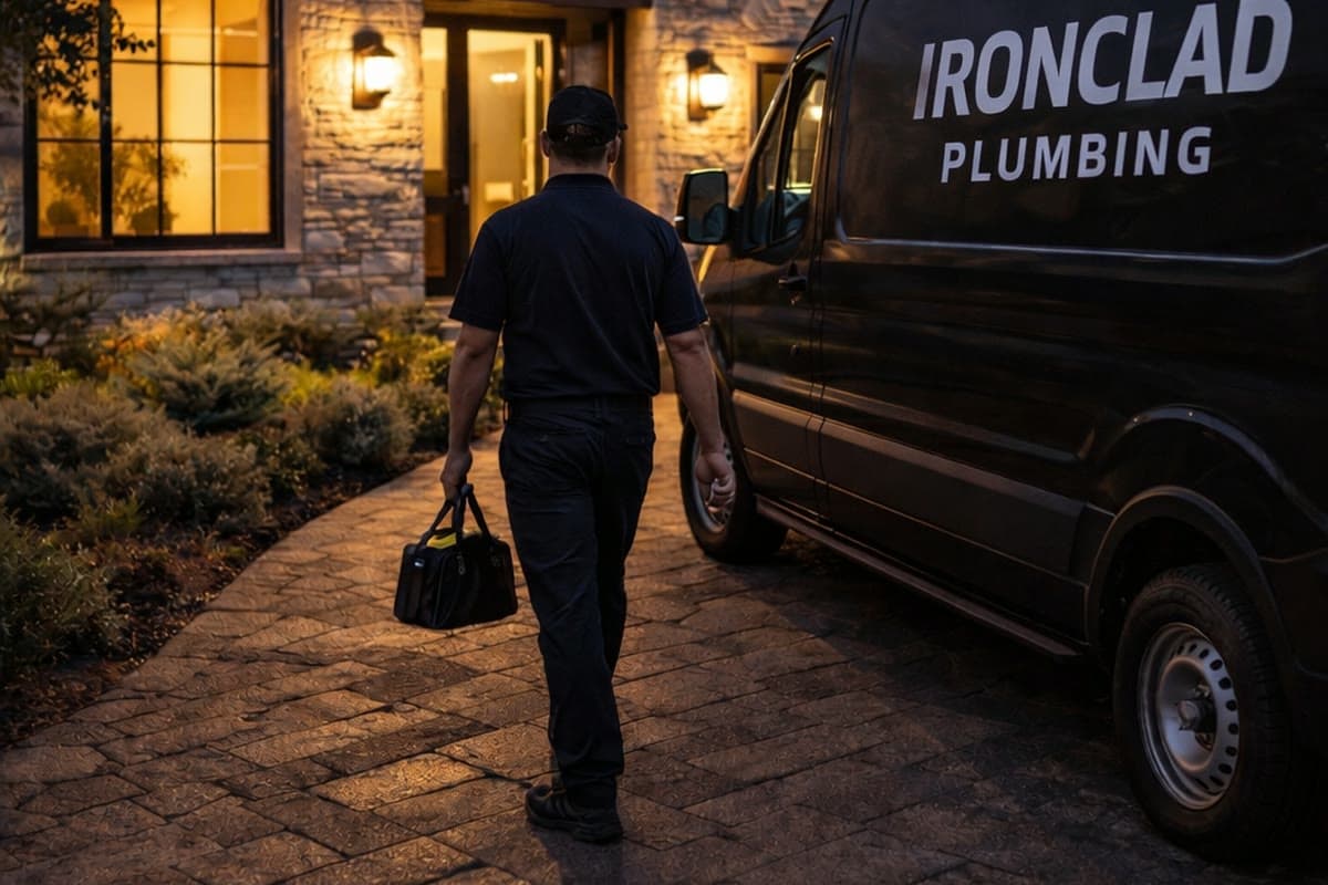 Emergency plumbing call with technician arriving at a home at night