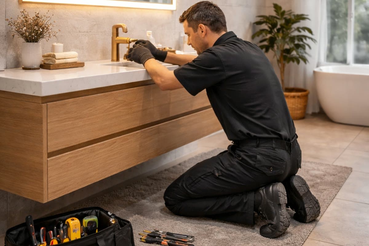Modern bathroom fixture installation in progress