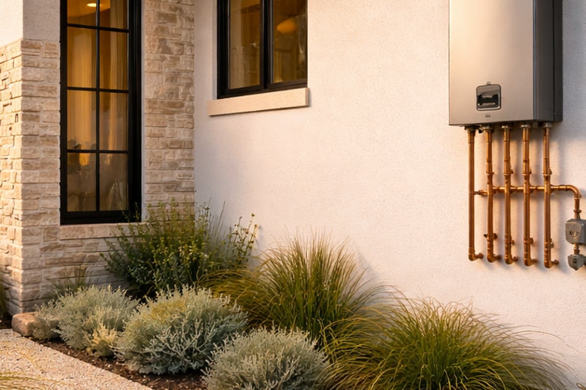 Technician installing a wall-mounted tankless water heater